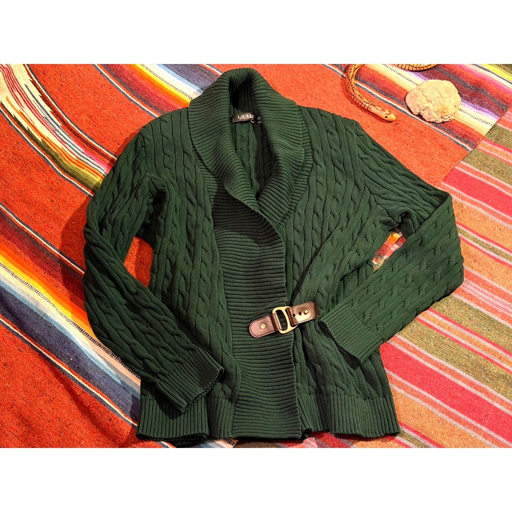 Lauren Ralph Lauren Buckle Cardigan Women3X/TG Forest Green Cable Knit Shawl